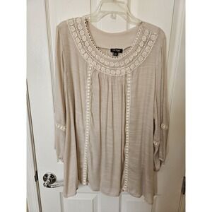 NWT Cal Style USA Women's Long Sleeve Slight Sheer BOHO Lace Trim Blouse, 2XL